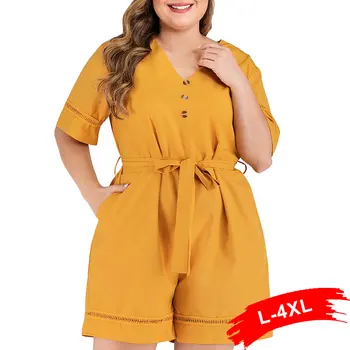 

Plus Size Button Up V Neck Self Bow Tie Jumpsuits Women Half Sleeve Yellow Bodysuits Ladies Casual Wide Leg Short Pants Overalls