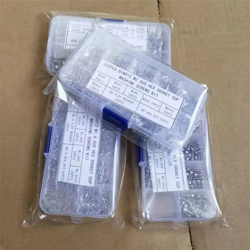 250 개/상자 m1.6 m2 m2.5 M3 스테인레스 스틸 육각 소켓 나사 육각 너트가있는 볼트 와셔 구색 키트