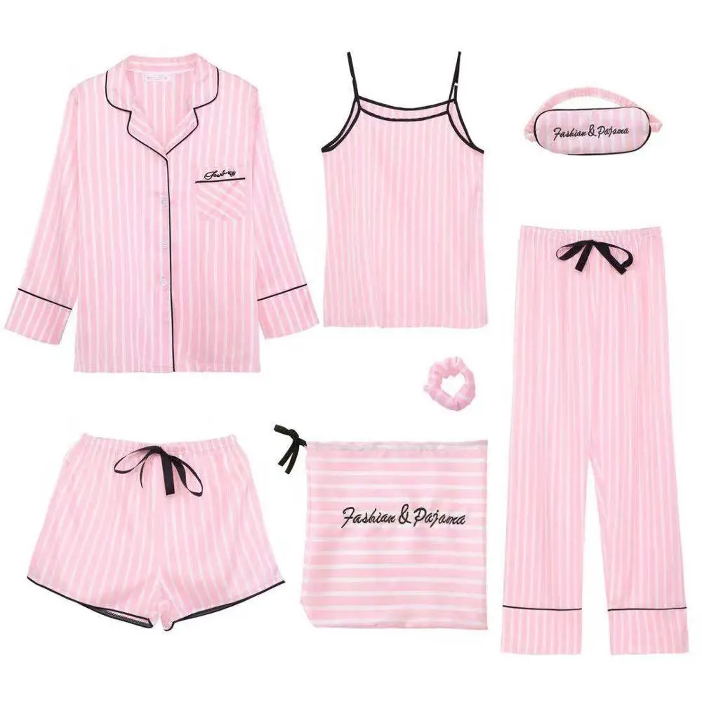 

Pink Women's 7 Pieces Pajamas Sets Emulation Silk Striped Pajamas Women Sleepwear Sets Spring Summer Autumn Homewear