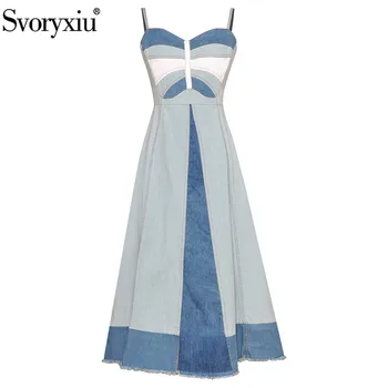

Svoryxiu Fashion Runway Summer Denim Spaghetti Strap Dress Women's Color Matching Backless Sexy Party Long Dresses Vestdios