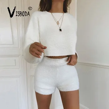 

Women White Fleece Tracksuit Winter Warm Crop Top Shorts Matching Suit Fashion Female Long Sleeve Loose Sweatshirt 2 Piece Set