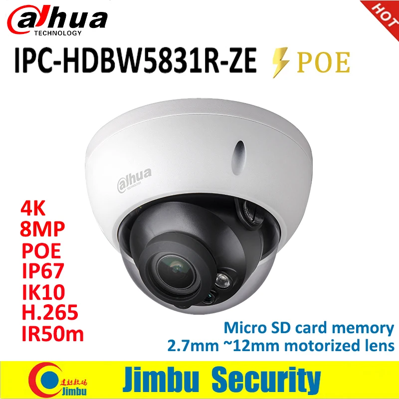 Dahua IP камера 8MP IPC-HDBW5831R-ZE WDR IR50M IP67 IK10 PoE H.265 и H.264 2,7 мм~ 12 мм Моторизованный объектив IR50m Micro SD карта памяти