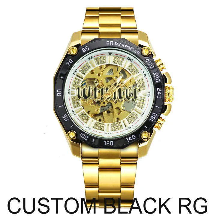 Победитель Скелет автоматические механические часы для мужчин алмаз Iced Out панк мужские s часы бренд класса люкс Золотой стальной ремешок наручные часы - Цвет: CUSTOM BLACK RG