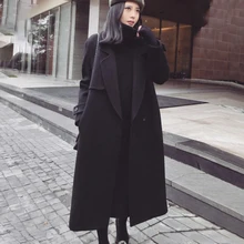 Новинка, Брендовое Женское пальто, зимнее, теплое, на шнуровке, шерсть, с отворотами, большие размеры, длинное, свободное, парка, пальто