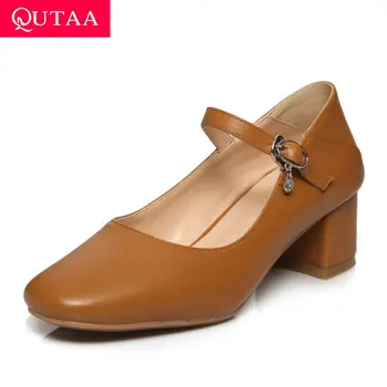 

QUTAA 2020 Soft Cow Leather Comfort Shallow Women Single Shoes Square High Heel Spring Autumn Buckle Ladies Pumps Size 34-39