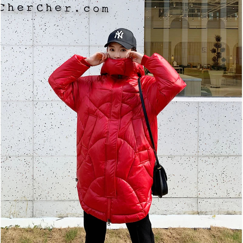 

Foxmertor Women's Long Section Cotton Winter Jacket 2019 Thick Zipper Solid Color Hooded Loose Cotton Coat Black Red Jacket
