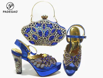 

Latest African Shoes and Bags Set Blue Color Nigerian Shoes and Matching Bags Decorate with Rhinestone for Wedding