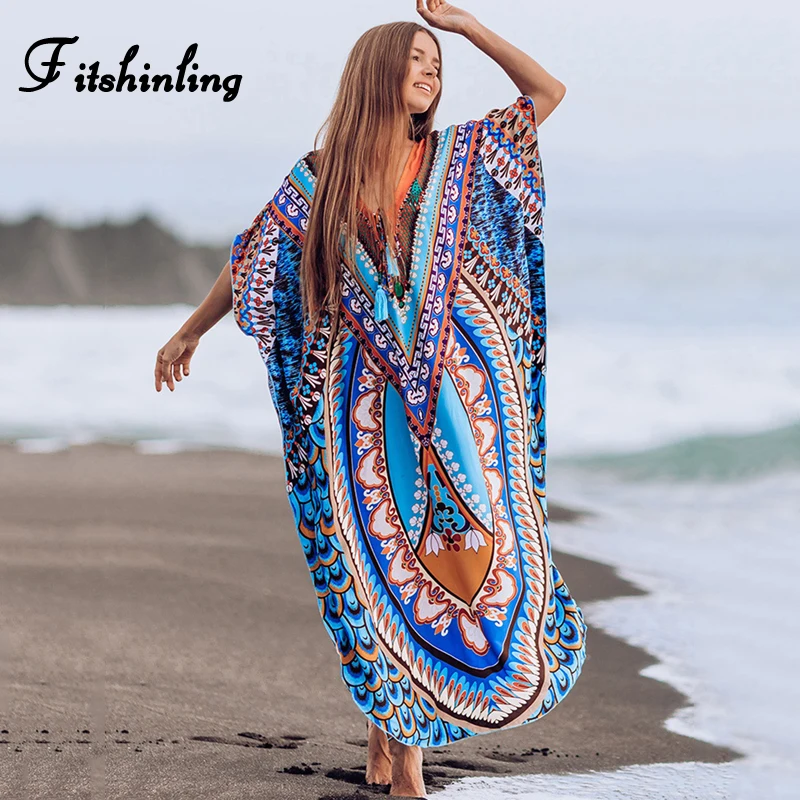 

Fitshinling 2020 Oversized Beach Dress Batwing Sleeve Long Cover-Up Holiday Bohemian Straight Loose V Neck Robe Pareos Outing
