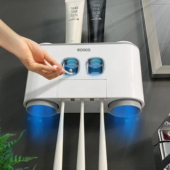 

Automatic Toothpaste Dispenser Wall Mounted Dust-proof Toothbrush Holder With Cups Multifunction Bathroom Accessories Sets