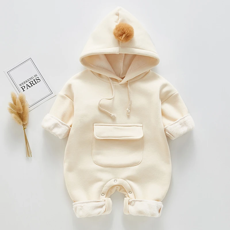 B94H09 Beige Детская одежда на весну-осень, хлопковый кашемировый комбинезон для новорожденных мальчиков и девочек, комбинезон, однотонная одежда, теплая одежда - Цвет: B94H09 Beige