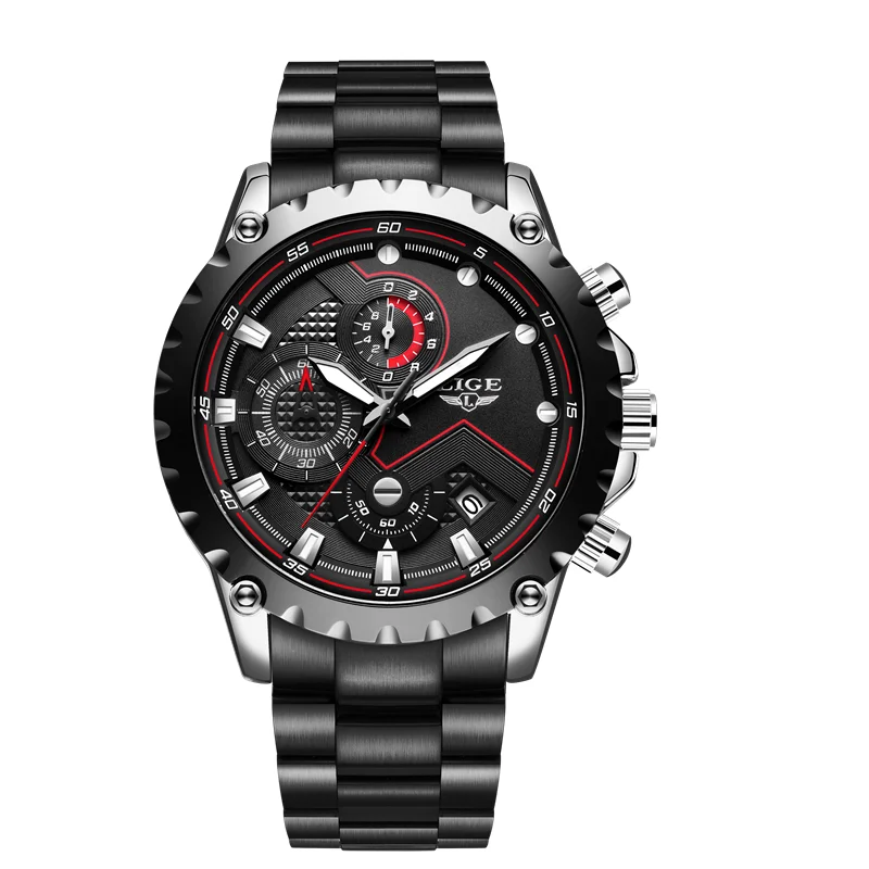 Silver black S LIGE, новые модные синие мужские часы из нержавеющей стали, Топ бренд, Роскошные водонепроницаемые кварцевые часы, мужские спортивные часы с циферблатом и датой, Хронограф+ коробка - Цвет: Silver black S