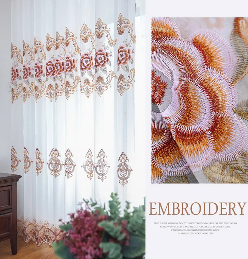 Ready Made Curtain Simple European Flower Embroidery Tulle for Living Room Pink Wedding Home Decor Screens For Bedroom M138#4