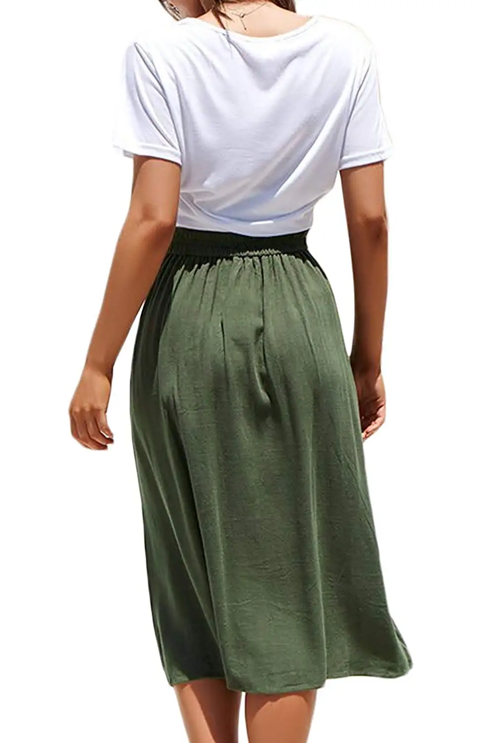 Trendy Women clothes solid Button loose casual Elastic High Waist Pockets polyester Skirts one pieces
