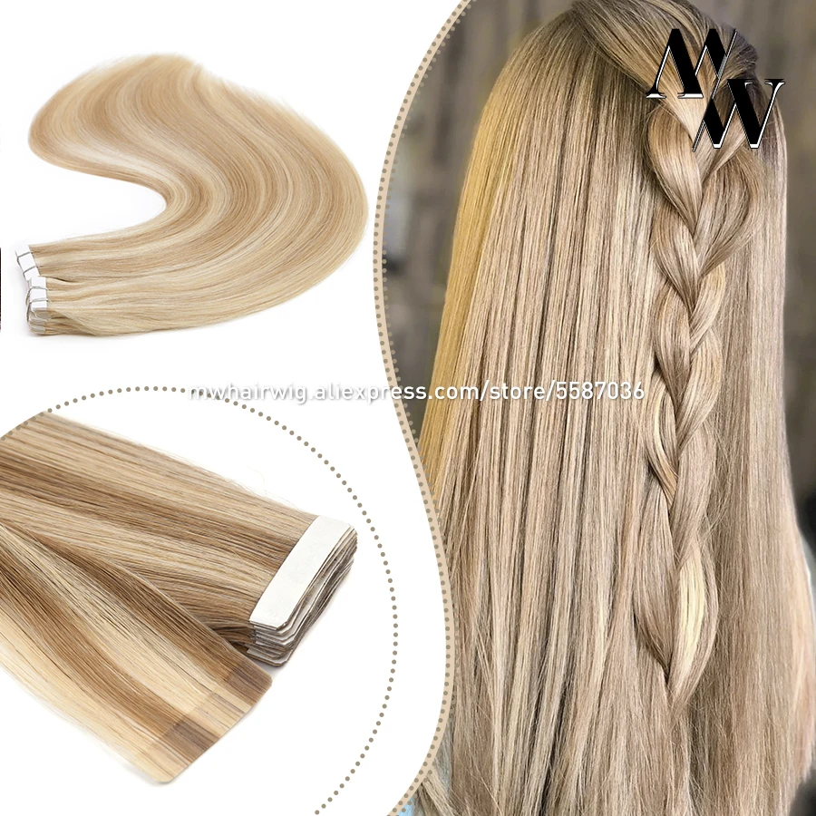 MW Piano-cinta de color ombré en 100%, extensiones de cabello humano Real, máquina Remy, adhesivo de doble cara, trama de piel, cabello Natural de 10 -24
