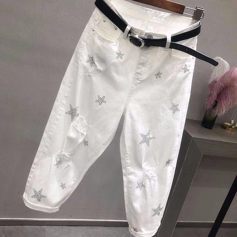 Весенне-осенние корейские модные женские белые джинсы с высокой талией винтажные свободные джинсы с дырками повседневные шаровары длиной до щиколотки D436
