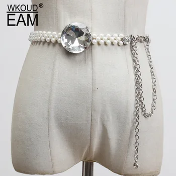 

WKOUD EAM 2020 New Rhinestones Pearl Metal Chain Corset Belt For Women Fashion Elegant Temperament Waist Chain Female PF727