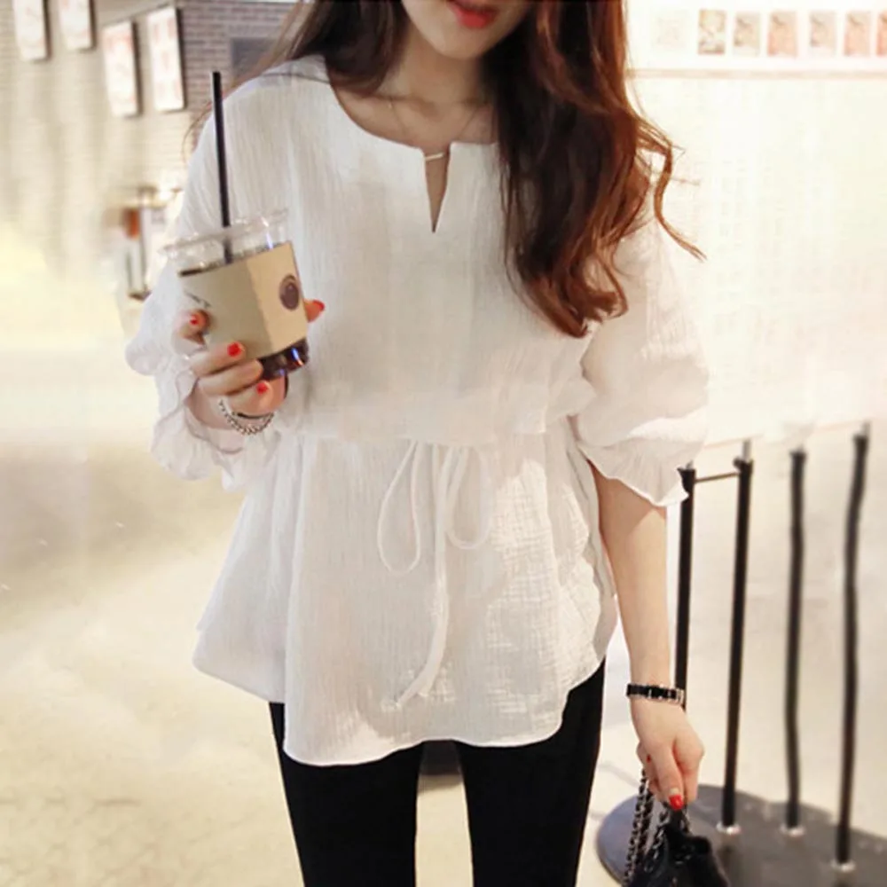 

Korean Cotton Linen White Blouse Women Sweet Fashion Lace Up Summer Shirt Black Office Elegant Casual Basic Tops Ladies Blouses