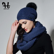 FURTALK Женщина Вязать Шапочки Шляпу и Шарф Набор Реального Fox Меха Pom Pom Шапка Бесконечность Шарф Женщины шарф шляпа набор