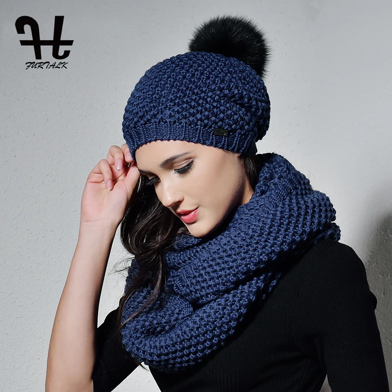 FURTALK di Lana Beanie Cappello e Sciarpa Set Donna Reale della Pelliccia  di Fox pompon Cappello Lavorato A Maglia Inverno Caldo Infinity Sciarpa  Gils cappello sciarpa set 2019|hat scarf set|scarf sethat and