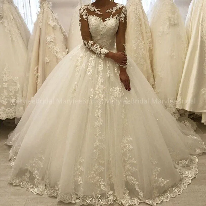 

Long Sleeves Ball Gown Wedding Dress Sheer O-neck Appliques Cathedral Train Luxury Wedding Gowns Custom Made Vestidos De Novia
