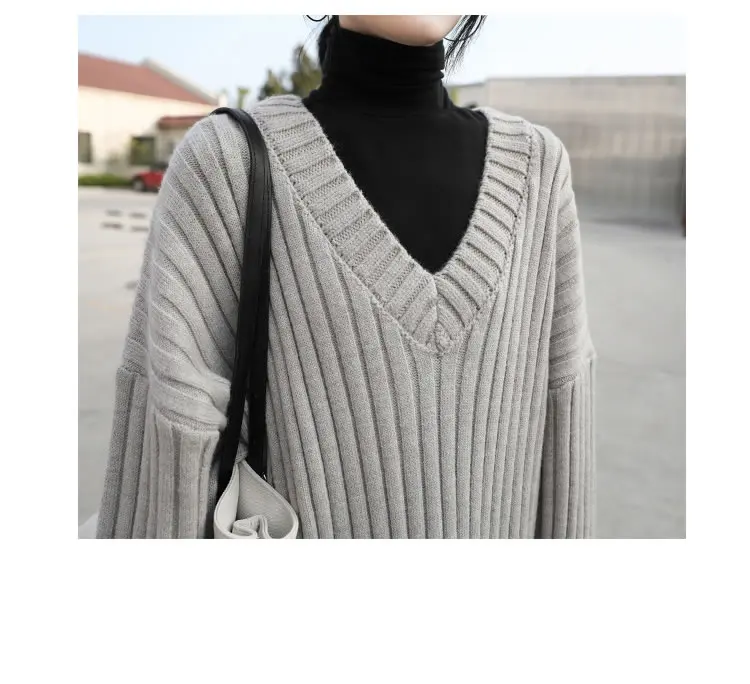 HG Fashion Elegant V Neck Women Dress Loose Plus Size Knit Ladies Dresses Wild Lazy Oaf Autumn Winter Clothes Women XJ2640