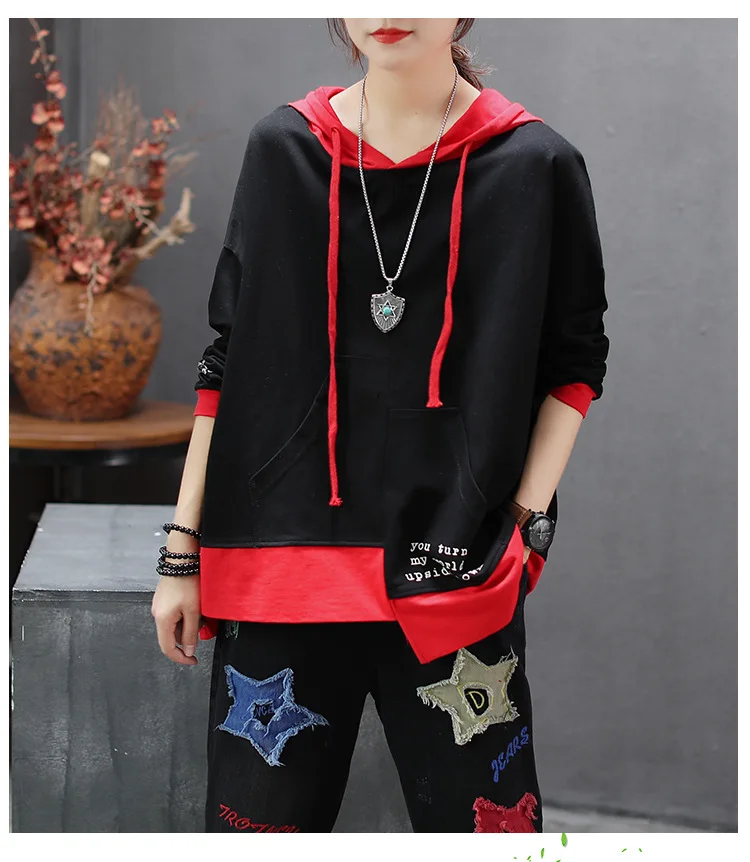 Autumn Hoodies Women Retro Loose Large size Pullovers New Ladies Tops Hooded Spliced Embroidery Casual All-match Hoodies