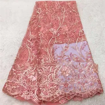 

3d flowers African Lace Fabric 2019 pink High Quality French 3D Lace Fabric With beads Lace Fabric For Wedding Party