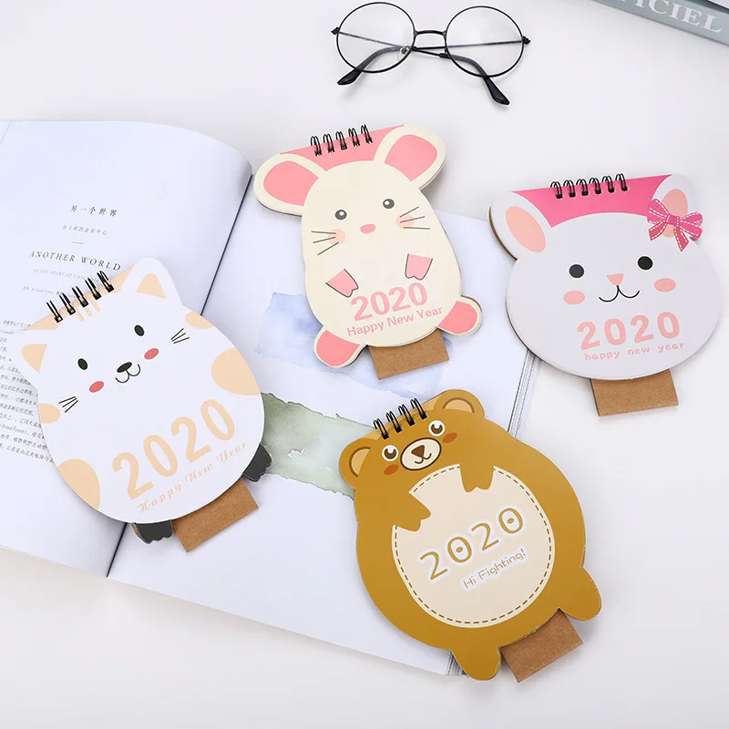 Kawaii Cartoon Animal cat Mouse Desktop Paper Calendar dual Daily Scheduler Table Planner Yearly Agenda Organizer