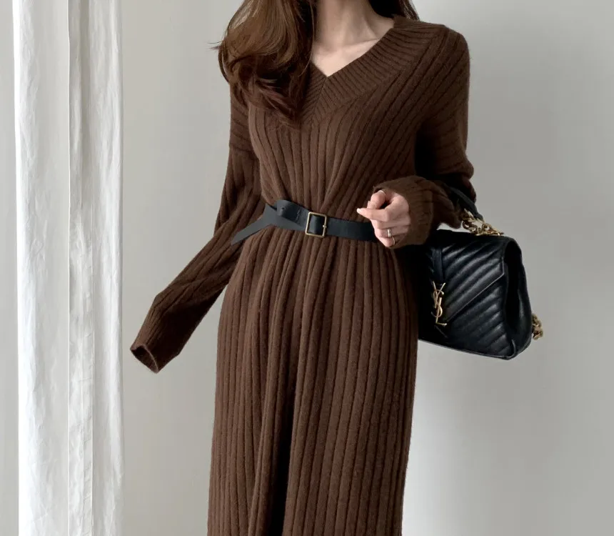 Syiwidii Midi Sweater Dresses Women Autumn Winter 2021 V Neck Long Sleeve Warm Elegant Long Casual Loose Ladies Harajuku Dress lulus dresses