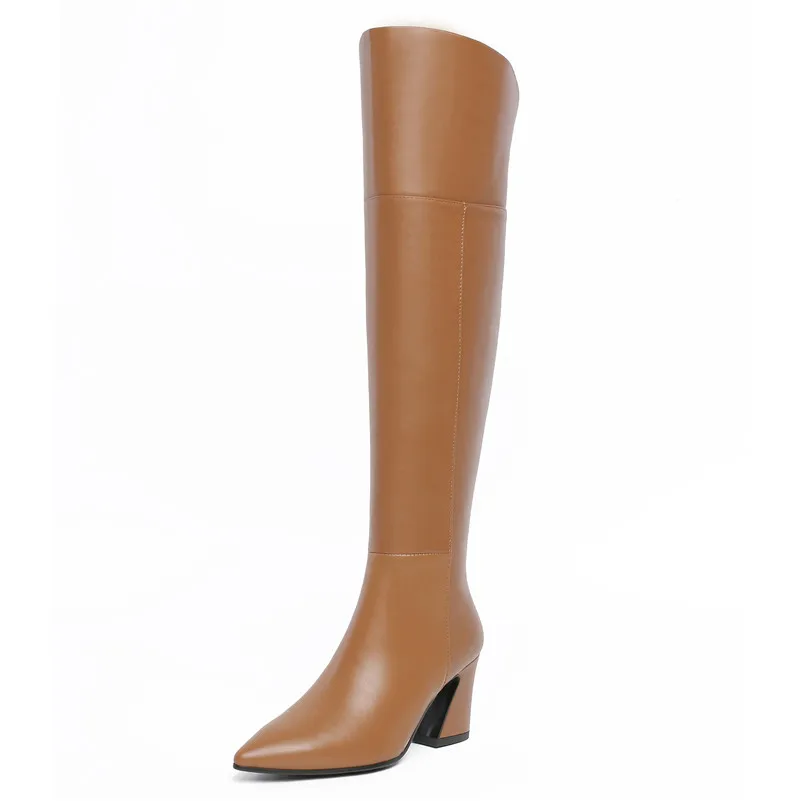 Meotina/зимние облегающие высокие сапоги женские ботфорты из натуральной кожи на толстом высоком каблуке обувь с острым носком на молнии Женская Осенняя обувь; размеры 34-43