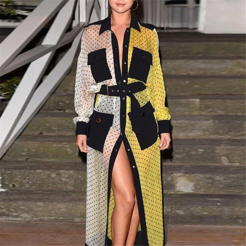 Женское длинное платье рубашка в горошек с карманами и поясом на талии|Платья| |