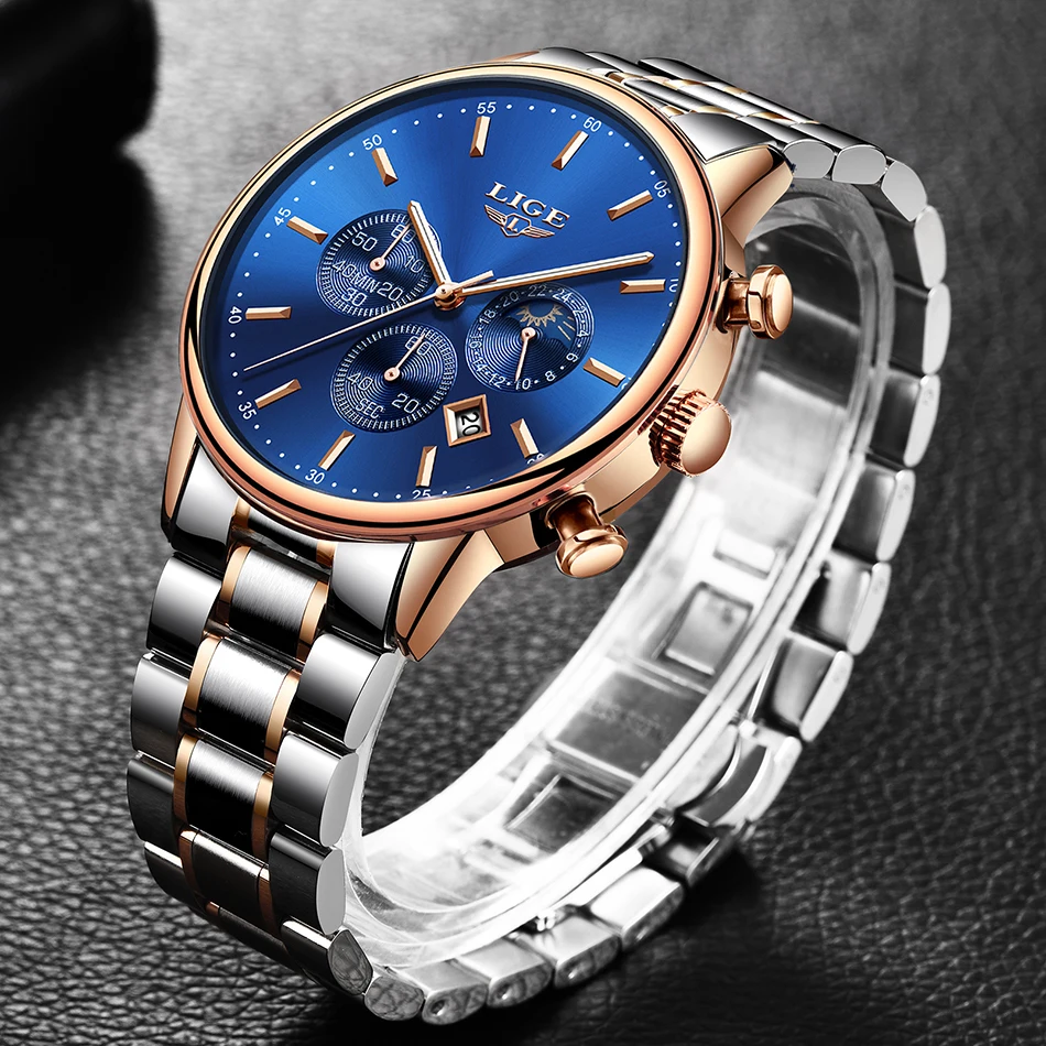LIGE Moon Phase дизайн синие модные деловые мужские часы, наручные часы Топ бренд класса люкс все стальные Кварцевые Золотые часы Relogio Masculino