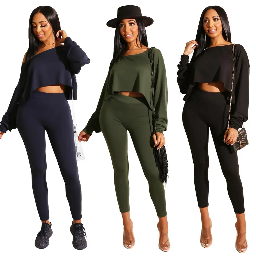 

Fashion Autumn Winter Two Pieces Set Women O-Neck Long Sleeve Sexy Crop Top And Pants Set