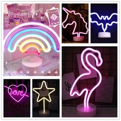 Letreiro com led em neon, luminária noturna com flamingo para decoração de festas, natal, casamento, presente de casa, unicórnio e coração, lâmpada usb