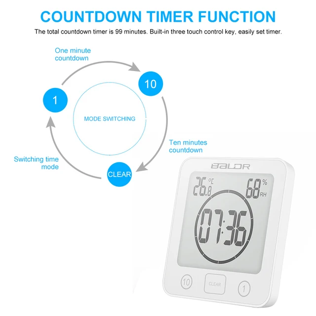 LCD Screen Waterproof Digital Bathroom Wall Clock Temperature Humidity Countdown Time Function Wash Shower Hanging Clocks Timer 3