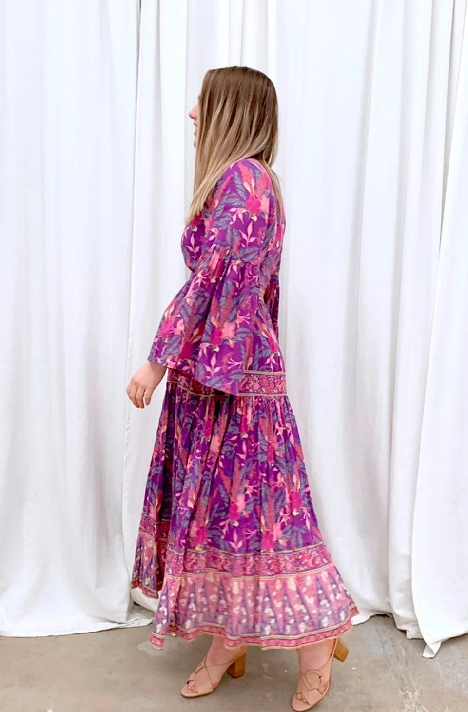 BOHO INSPIRED purple floral dress women V-neck long sleeve dress maxi chic gypsy boho dress summer dress new vestidos