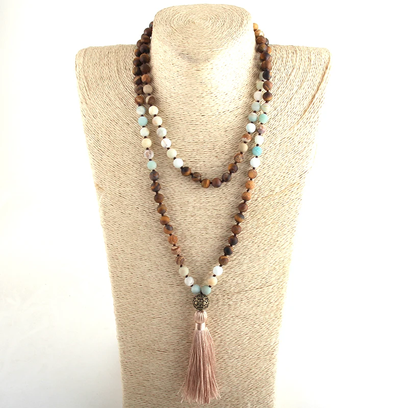 Fashion Bohemian Tribal Jewelry 108 Beads Necklace 8MM Natural Stone Tassel Yoga Necklace For Women Lariat Necklaces