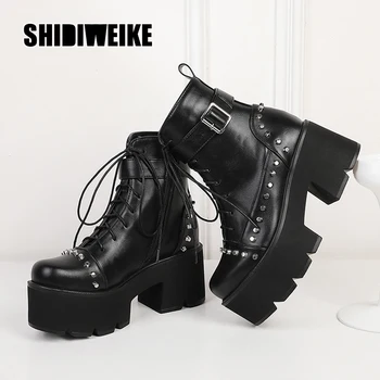 

winter Ankle Boots Women Platform Boots Rubber Sole Buckle Black Leather PU High Heels Shoes Woman Comfortable V356
