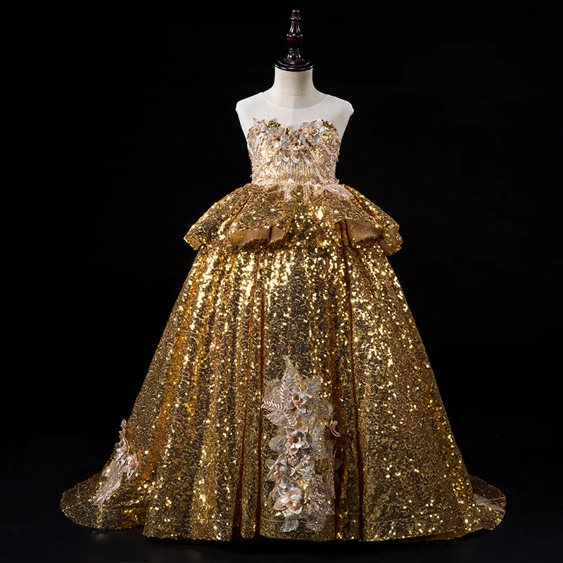 Золотые блестящие Великолепные Платья с цветочным узором для девочек на свадьбу, Vestidos, Детские пышные бальные платья, платья для первого причастия для девочек