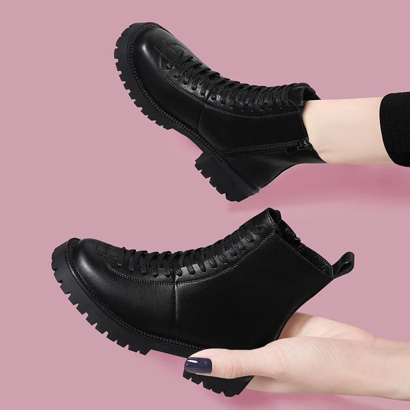 Autumn/Winter Women Boots Leather Ankle Boots Round Toe Casucal Women Shoes Short Plush Platform Warm Boots 2-9879