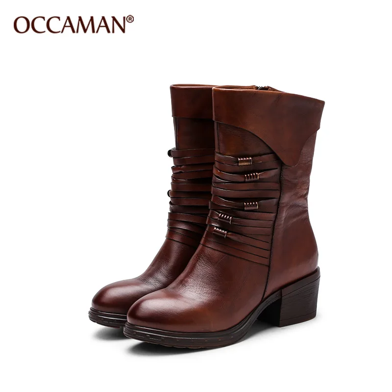 

OCCAMAN Hot Selling Middle High Square Heel Round Toe Women Shoes Zipper Design Ladies Casual Boots 84045
