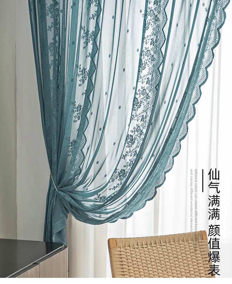 Dark Blue Waveside Lace Embroidered Sheer Curtain For Girls Princess Bedroom for Living room Tulle Window Treatment Kitchen