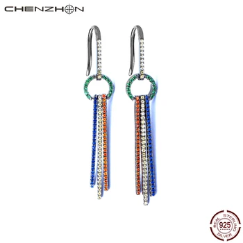 

CHENZHON Long CZ Paved Earrings For Women 2020 Silver 925 Top Quality Party Engagement Jewelry Free Box Drop Earrings Zircon