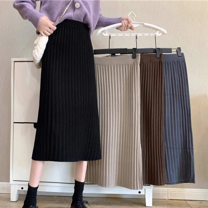 Color : Beige 60cm, Size : Small Women's Skirt Knitted High-Waist Pleated Women's Skirt Pure Knit Ribbed Autumn and Winter Women's Bottom Two Kinds 