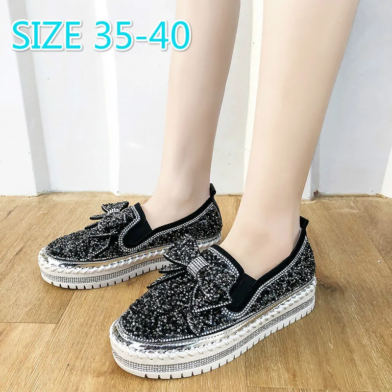 

Bowknot Slip on Ladies Loafers Shoes Crystal Shoes Women Spring Round Toe Rubber Platform Flat Shoes Women Casual Flats Autumn