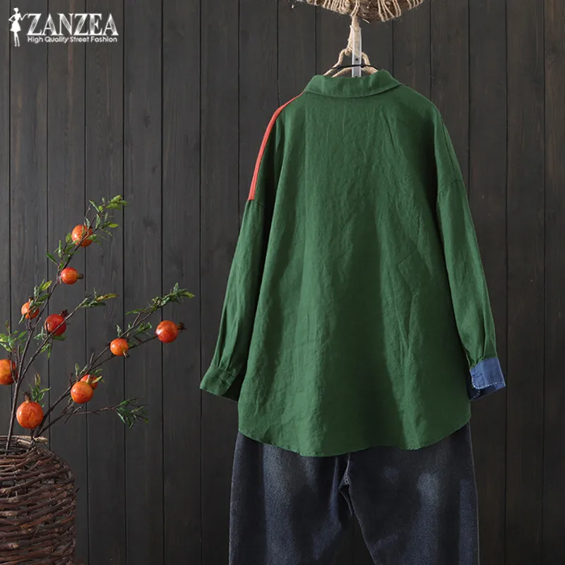 Kaftan Женская Осенняя блузка ZANZEA Топы с длинным рукавом рубашки на пуговицах Женские повседневные блузки с отворотом Туника большого размера