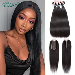 Sexay Straight Bundles With Closure Remy Brazilian Hair Extensions Human Hair 3 Bundles And 2x6 Lace Closures For Black Women