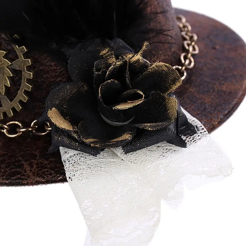 Halloween Gothic Mini Top Hat Steampunk Gears Chain Feather Cosplay Hair Clip