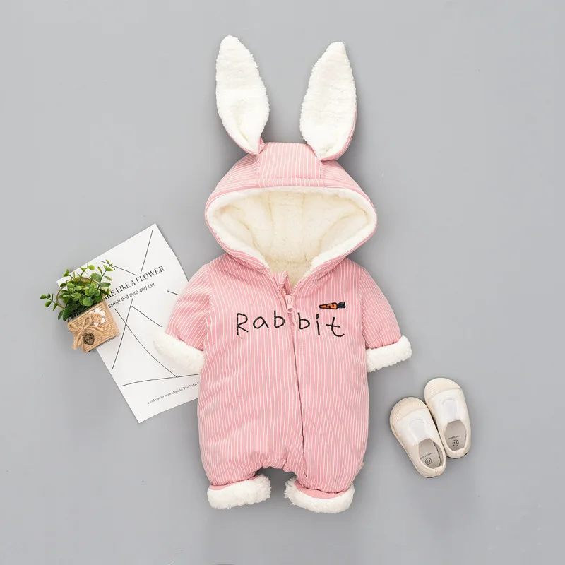 Зимние флисовые бархатные комбинезоны для новорожденных; комбинезоны; одежда для маленьких мальчиков и девочек с милым рисунком кролика; плотные теплые пальто из чистого хлопка - Цвет: Розовый