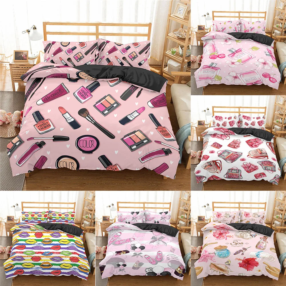Homesky luxury Makeup Lipstick Bedding Set Cosmetic Pink Duvet Cover Girls Women Bed Set Home Textiles Bedclothes 2/3pcs